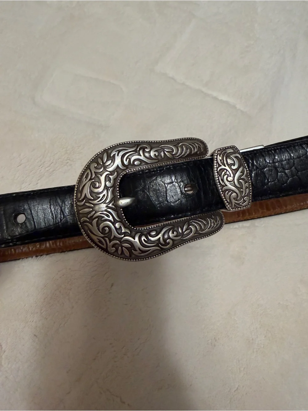 Vintage Black Western Reversible Leather Belt with Ornate Silver Buckle